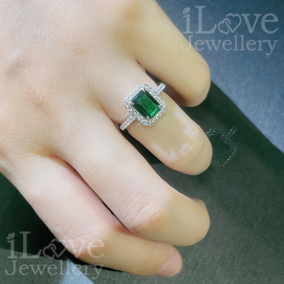 S925 1.8ct Green Lab Created Emerald + Cubic Zirconia Ring ILR027