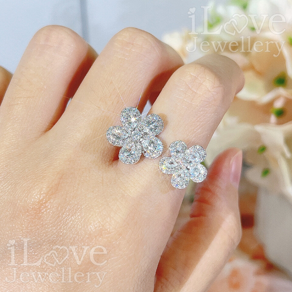 S925 Adjustable Flower Open Ring Cubic Zirconia ILR048