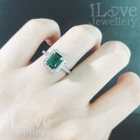 S925 1.8ct Green Lab Created Emerald + Cubic Zirconia Ring ILR027