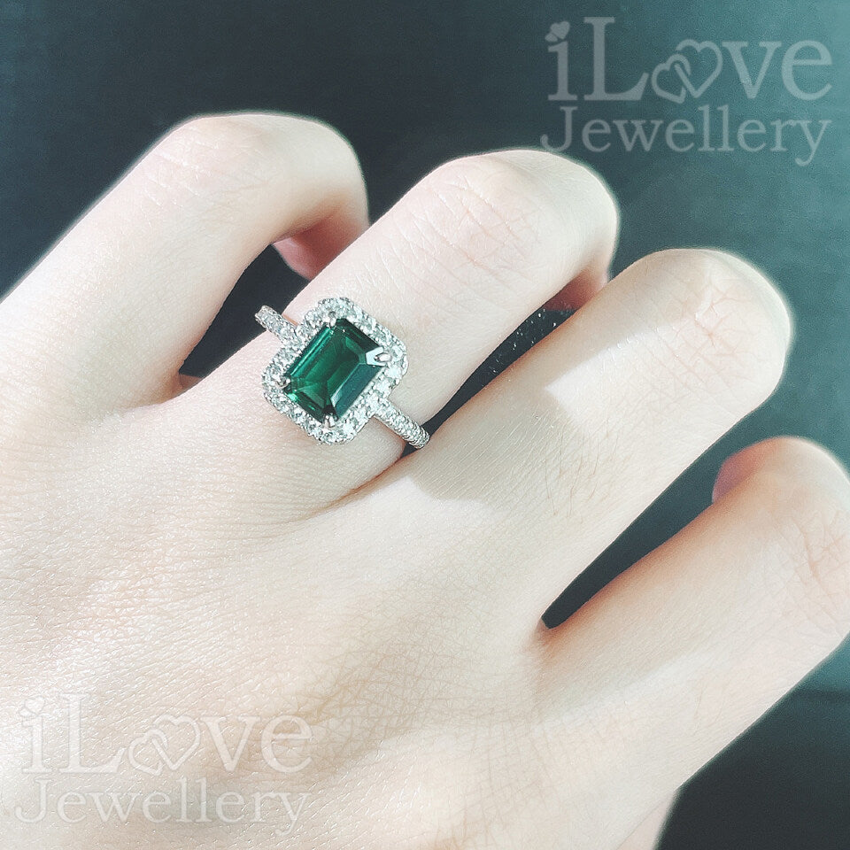 S925 1.8ct Green Lab Created Emerald + Cubic Zirconia Ring ILR027