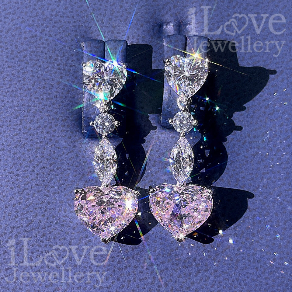 S925 5ct Pink Heart Shape Drop Earrings Cubic Zirconia ILE008