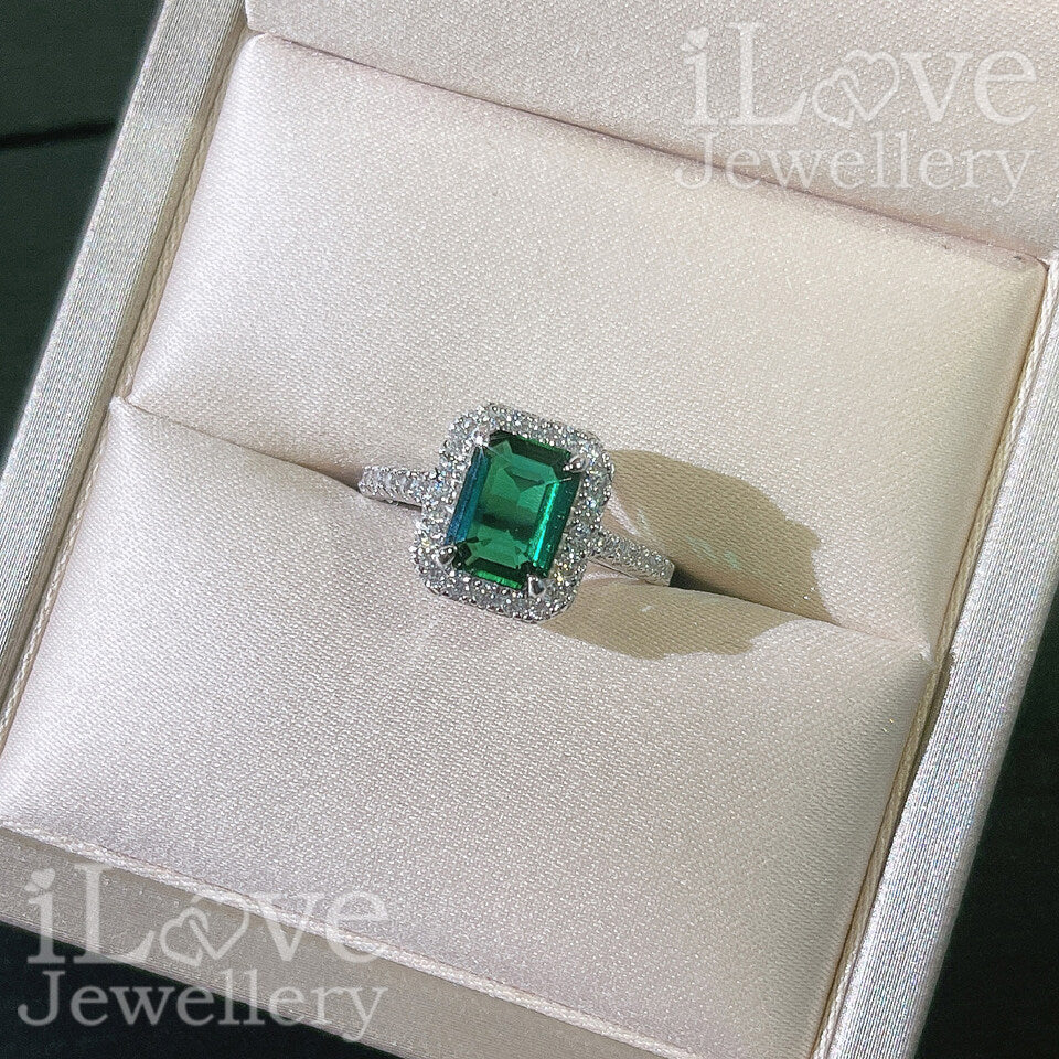 S925 1.8ct Green Lab Created Emerald + Cubic Zirconia Ring ILR027