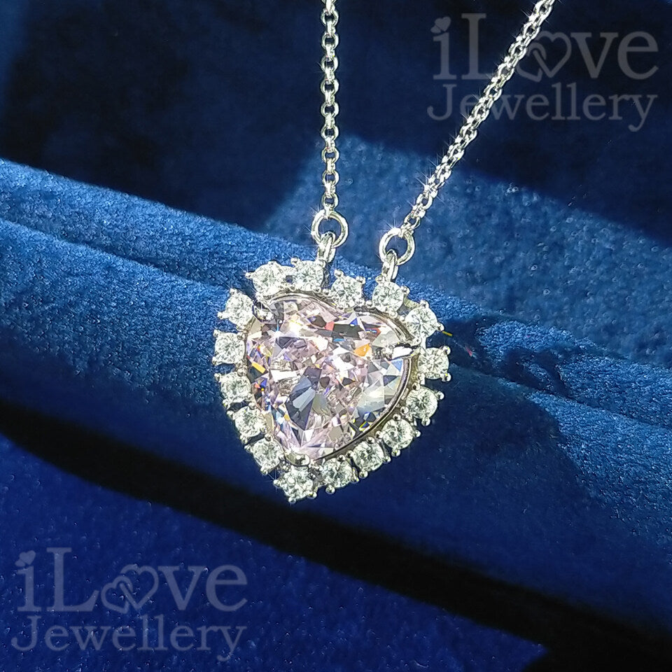 S925 6ct Pink Heart Shape Zirconia Pendant Necklace ILN006