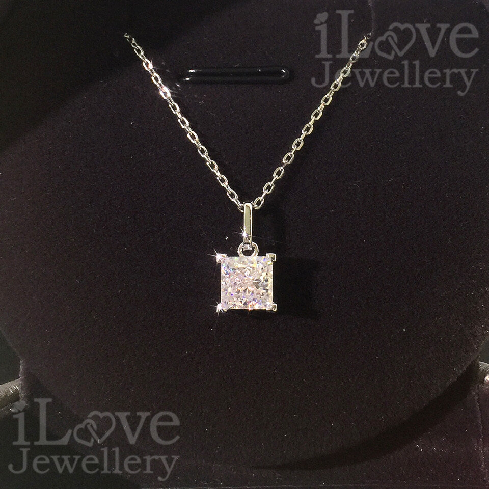 S925 Silver 1.25ct Princess Cut Pendant Cubic Zirconia Necklace ILN007