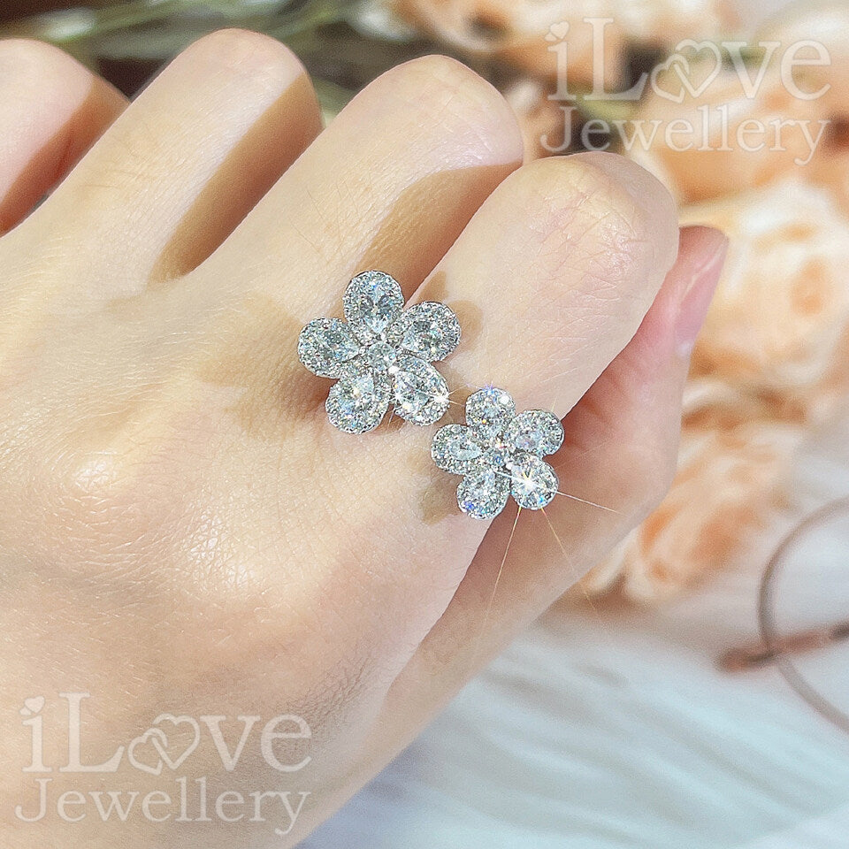 S925 Adjustable Flower Open Ring Cubic Zirconia ILR048