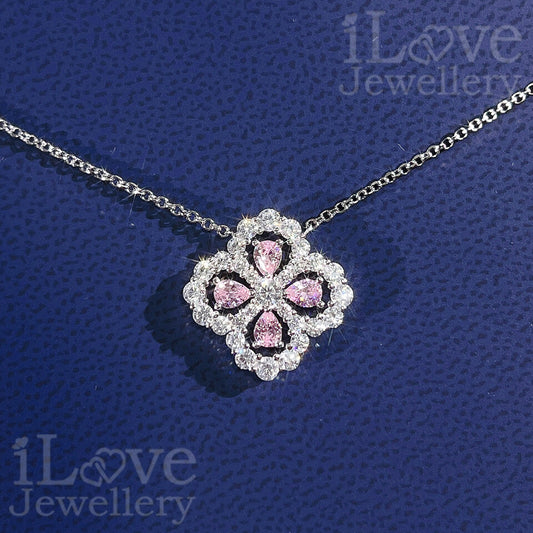 S925 Pink Four-Leaf Clover Pendant Cubic Zirconia Necklace ILN005