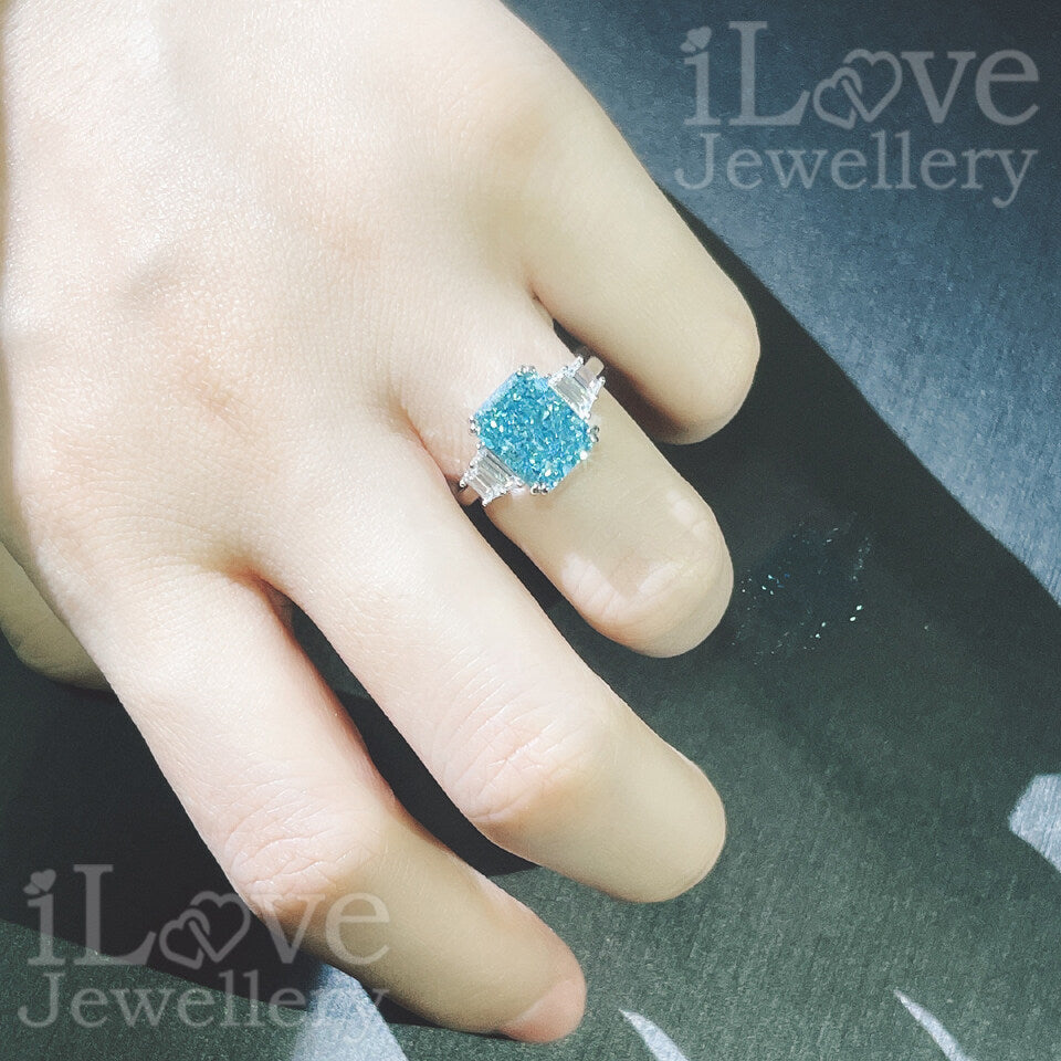 S925 4ct Light Sea Blue Radiant Cut Zirconia Ring ILR023