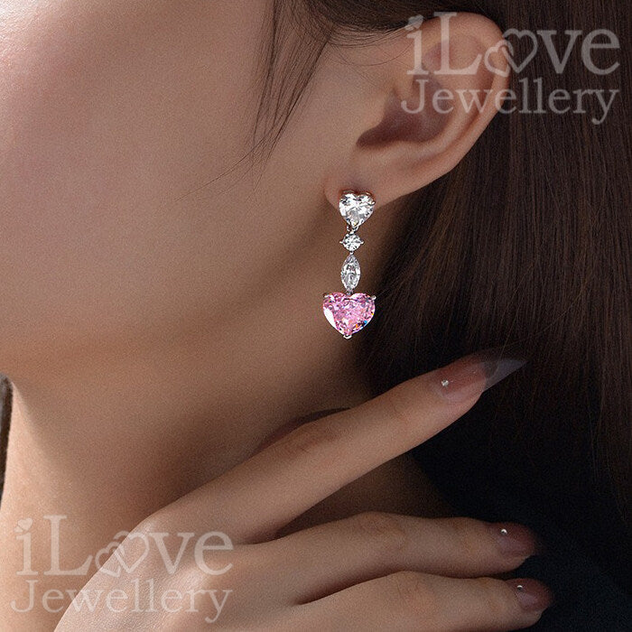 S925 5ct Pink Heart Shape Drop Earrings Cubic Zirconia ILE008