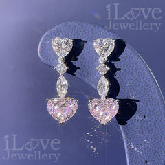 S925 5ct Pink Heart Shape Drop Earrings Cubic Zirconia ILE008