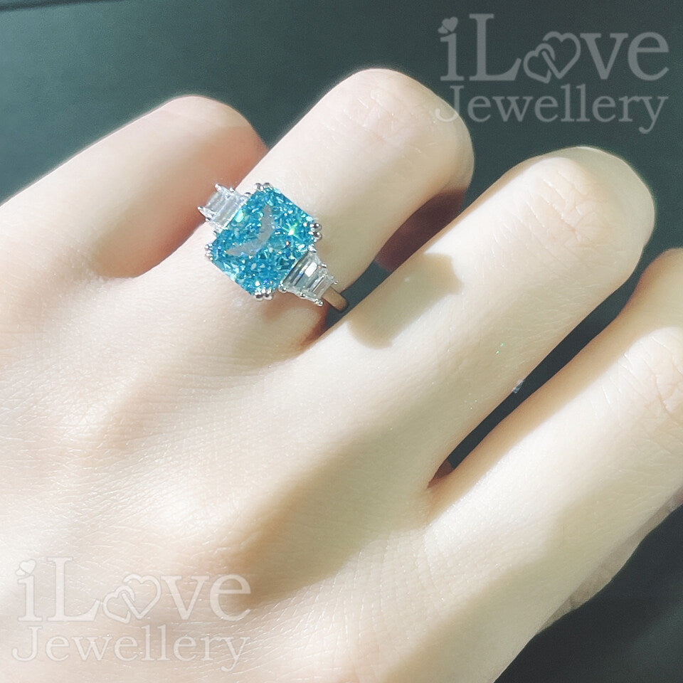 S925 4ct Light Sea Blue Radiant Cut Zirconia Ring ILR023