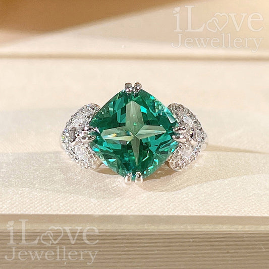 S925 5ct Cushion Blue-Green Cubic Zirconia Ring ILR032