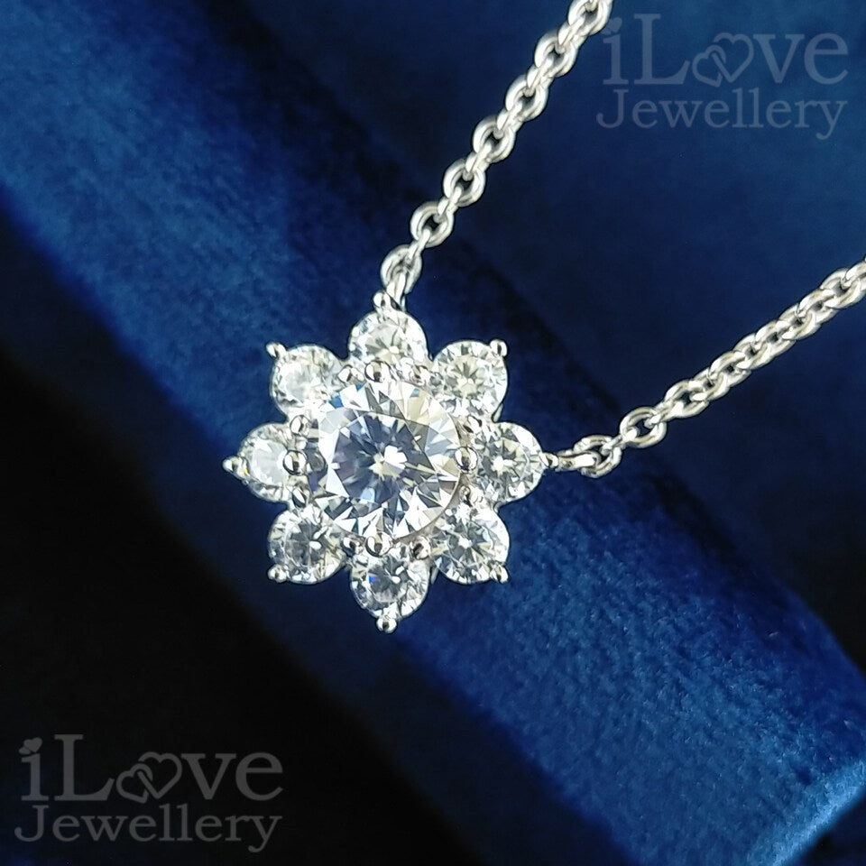 S925 Silver Sunflower Pendant Cubic Zirconia Necklace ILN003