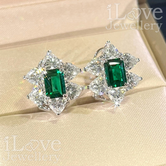 S925 1.5ct Green Lab Created Emerald Cut Cubic Zirconia Earrings ILE019