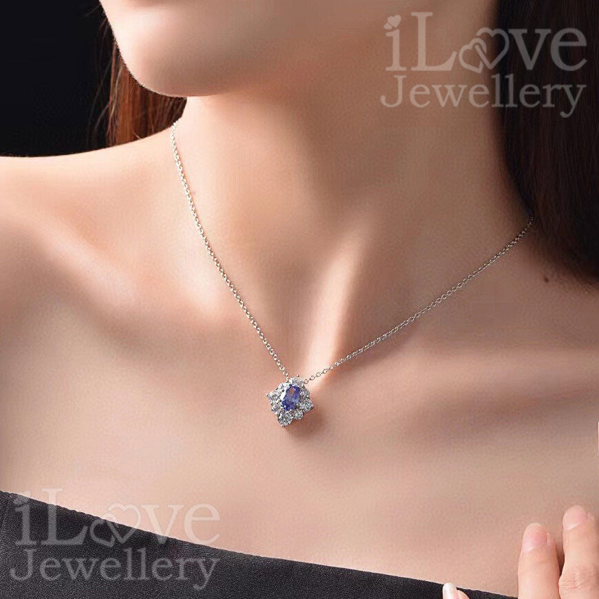 S925 Silver 1.5ct Tanzanite Blue Oval Cut Zirconia Necklace ILN001