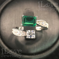 S925 1ct Green Lab Created Emerald Cubic Zirconia Adjustable Ring ILR060