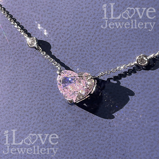 S925 5ct Pink Heart Shape Cubic Zirconia Necklace ILN010