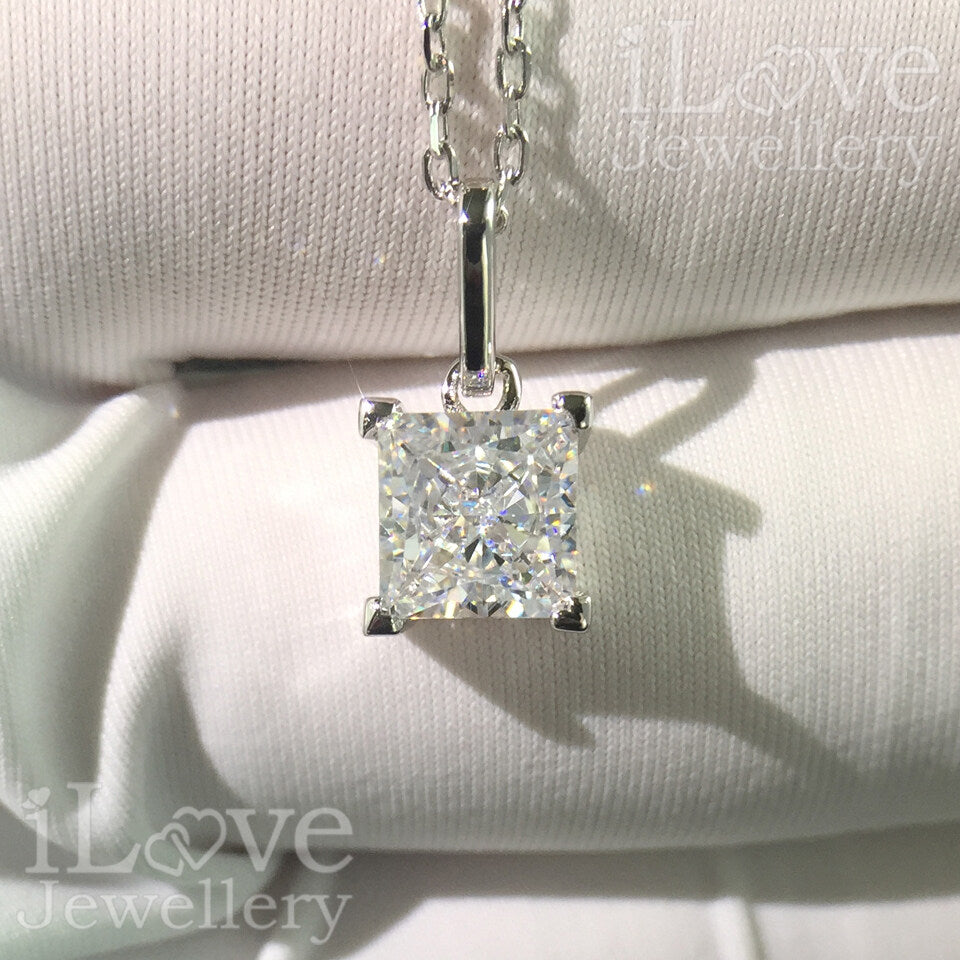 S925 Silver 1.25ct Princess Cut Pendant Cubic Zirconia Necklace ILN007