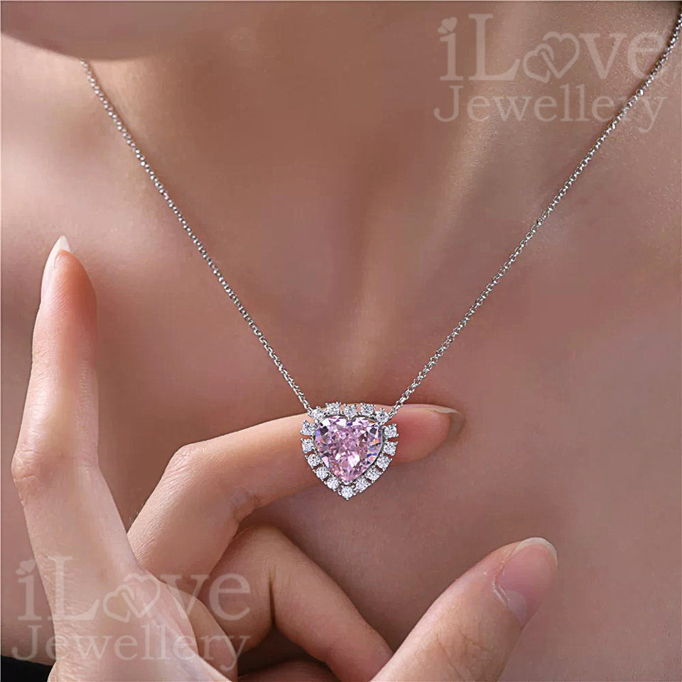 S925 6ct Pink Heart Shape Zirconia Pendant Necklace ILN006