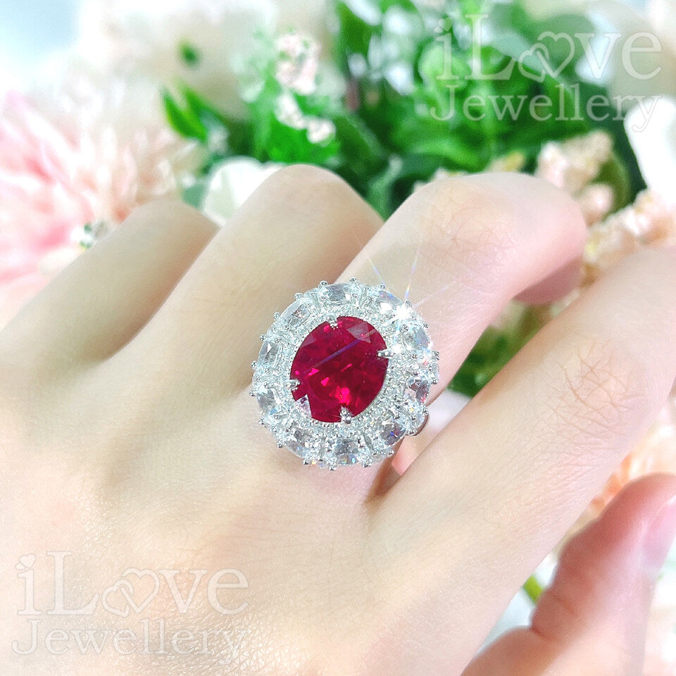 S925 5ct Created Ruby Oval Cut Cubic Zirconia Ring ILR051