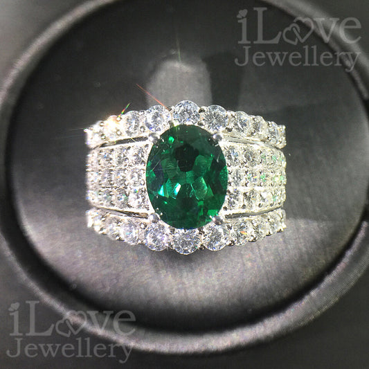 S925 1.9ct Oval Green Lab Created Emerald + Cubic Zirconia Ring ILR031