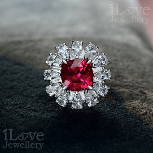 S925 Silver Created Ruby + Cubic Zirconia Ring ILR044