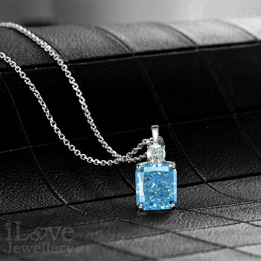 S925 Silver Sea Blue Color Cubic Zirconia Necklace ILN019