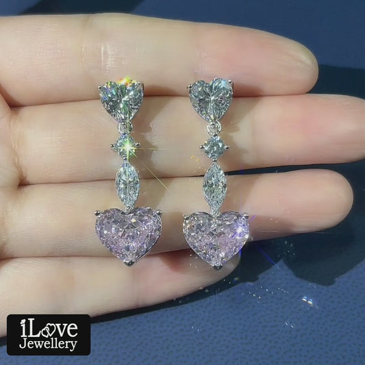 S925 5ct Pink Heart Shape Drop Earrings Cubic Zirconia ILE008