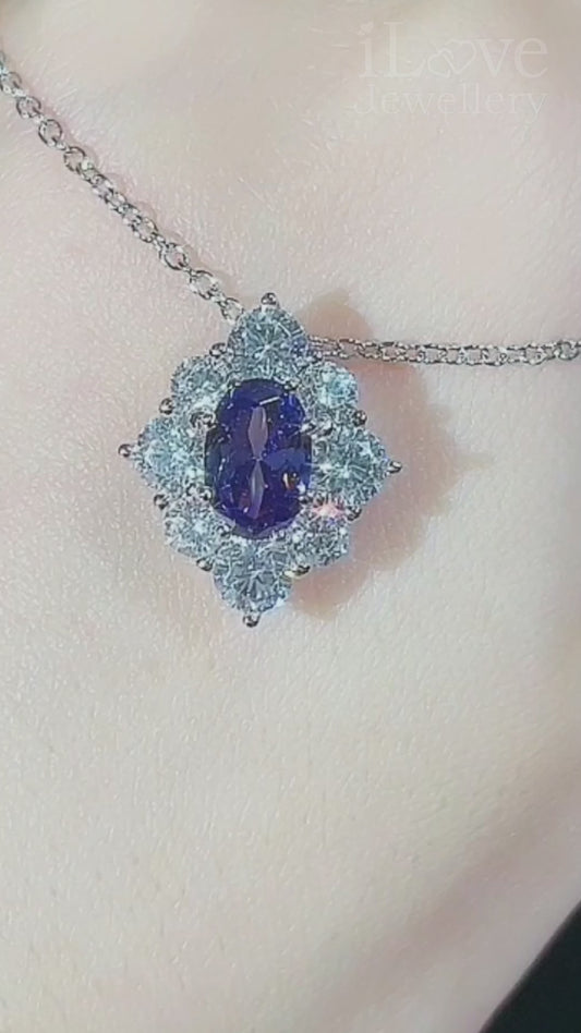 S925 Silver 1.5ct Tanzanite Blue Oval Cut Zirconia Necklace ILN001