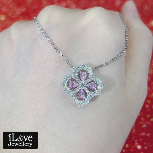 S925 Pink Four-Leaf Clover Pendant Cubic Zirconia Necklace ILN005