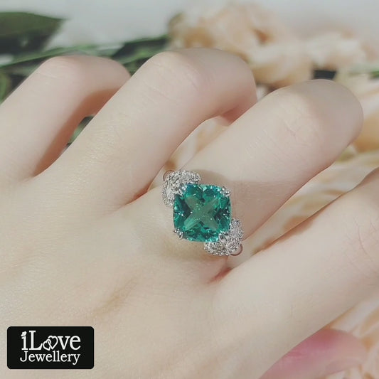 S925 5ct Cushion Blue-Green Cubic Zirconia Ring ILR032