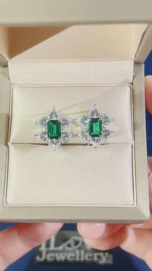 S925 1.5ct Green Lab Created Emerald Cut Cubic Zirconia Earrings ILE019