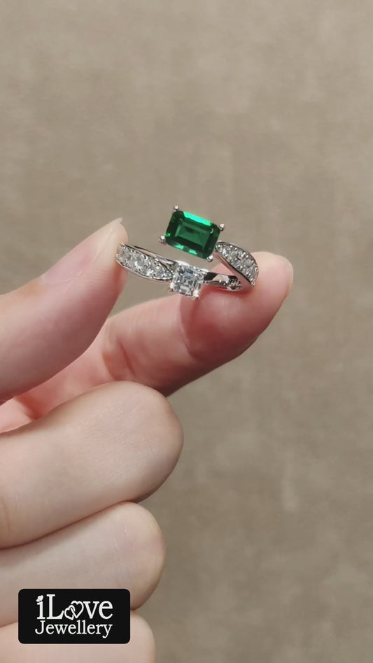 S925 1ct Green Lab Created Emerald Cubic Zirconia Adjustable Ring ILR060